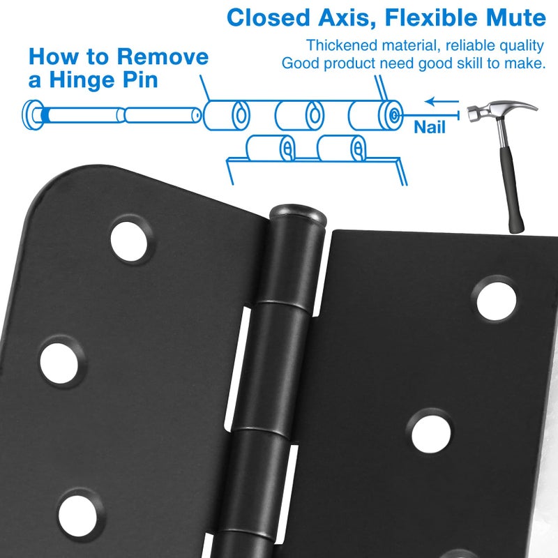TDCHINGES 3 Pack Black Door Hinges 4 Inch Interior Hinges Matte Black Door Hinges 4 Inch Square Rounded 5/8"" Radius Corner Hinges for Doors Reversible Full Mortise Combination 4 inch Door Hardware - Image 5